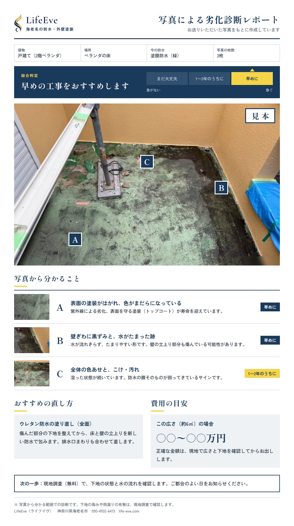 診断レポートの見本。総合判定、印をつけたベランダの写真、気になる所ごとの拡大写真と状態・原因、おすすめの直し方、費用の目安をまとめています